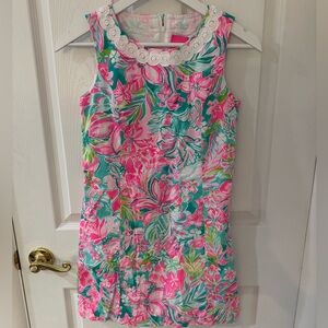 Lilly Pulitzer Sz14/Sm pink teal green, white shift dress 100% cotton lined